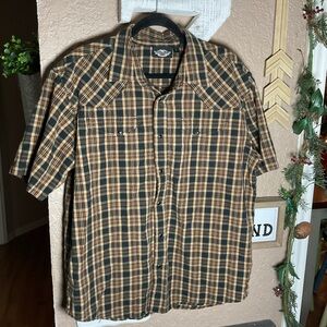 Harley Davidson Brown Plaid Pearl Snap Short Sleeve Shirt Men’s Size Large